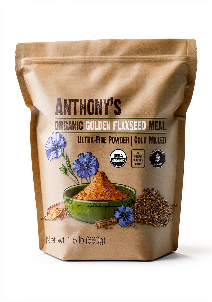 Anthony's Organic Golden Flaxseed Meal in a bowl with smoothie ingredients