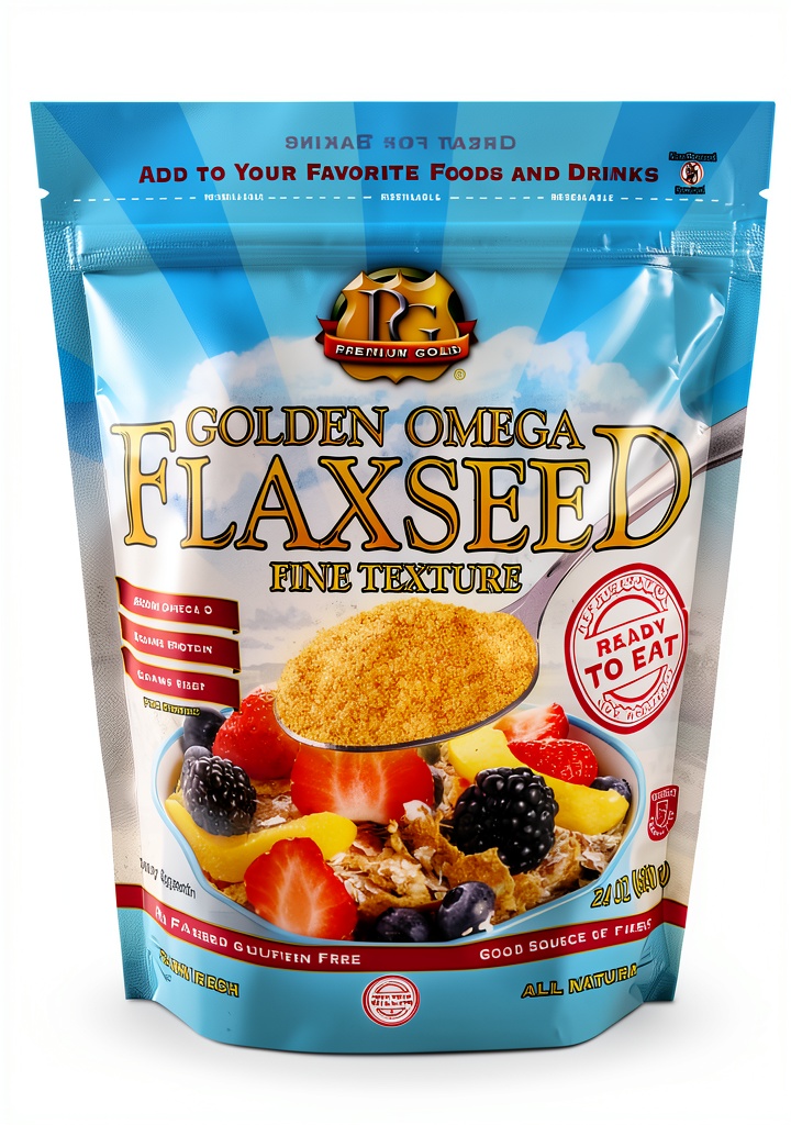 Premium Gold Flax Seed package displayed on a kitchen counter