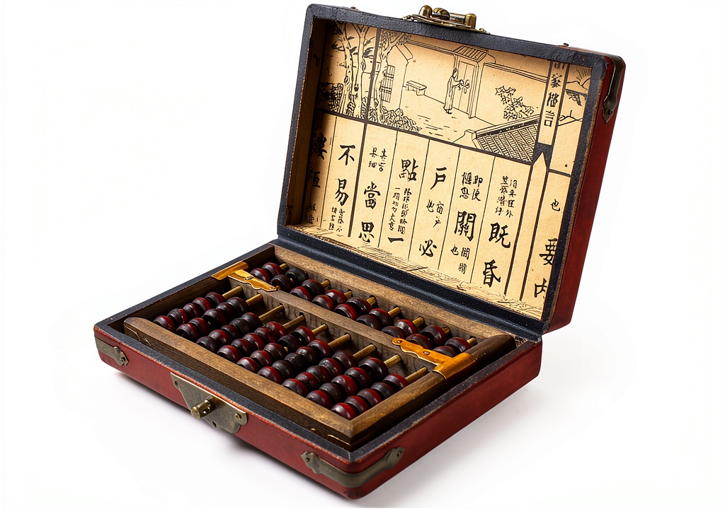 PP-NEST abacus displayed on a wooden table with the vintage leather box open