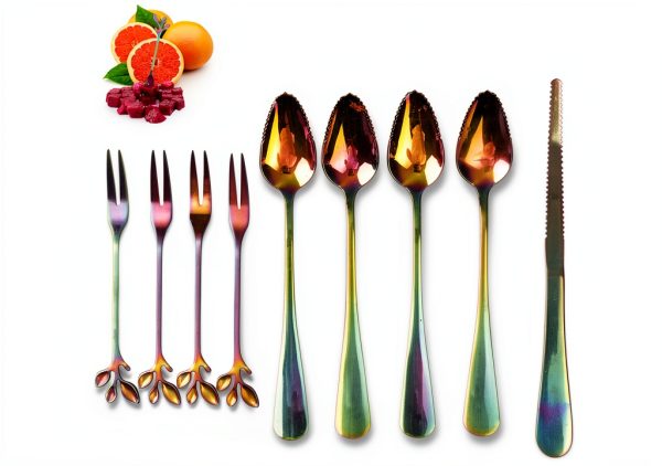 Grapefruit Spoons and Knife Set, 9-Piece Stainless Steel Rainbow Color-0